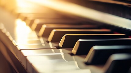 Poster - Close up of piano keys illuminated by soft sunlight creating a serene musical atmosphere : Generative AI