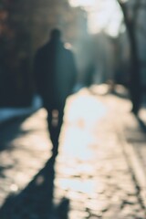 Aufkleber - Blurred Silhouette of a Person Walking on a Sunlit Pathway Evoking Mystery and Reflection : Generative AI