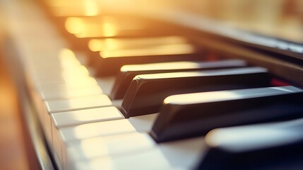 Poster - Close up of piano keys illuminated by soft sunlight creating a serene musical atmosphere : Generative AI