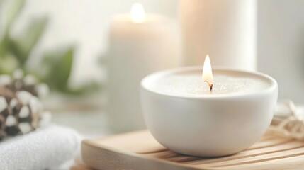 Canvas Print - Elegant scented candle burning softly in a minimalistic cozy environment : Generative AI