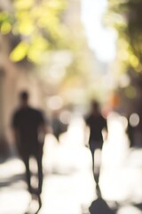 Aufkleber - Blurred Urban Street Scene with Silhouetted Figures Strolling Under Bright Sunlight : Generative AI