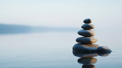 Aufkleber - Calm and Serene Stacked Pebbles on Tranquil Water Surface in Soft Morning Light : Generative AI