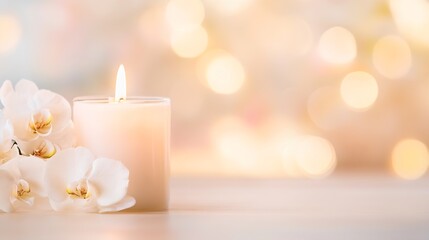 Aufkleber - Calming white candle with soft bokeh background featuring beautiful orchids for relaxation mood : Generative AI