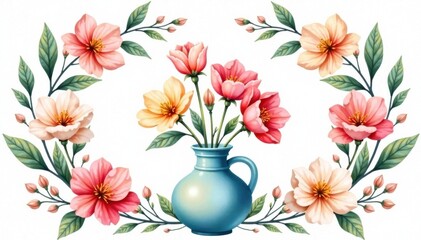 Wall Mural - Watercolor floral wreath surrounding a vase with fresh flowers, watercolor, vase