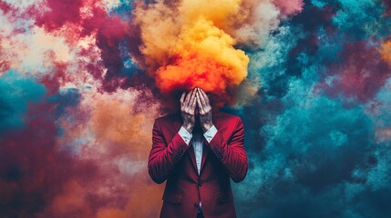 Aufkleber - Businessman hides his face as a vibrant cloud of smoke hovers overhead