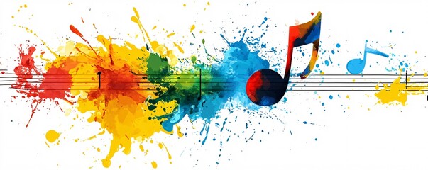 Aufkleber - Vibrant music notes burst from a colorful paint splatter against a white backdrop