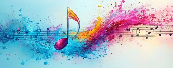 Aufkleber - Colorful music note exploding with colorful paint on a musical notes background