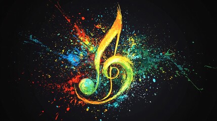 Aufkleber - Colorful paint splatters explode from a treble clef against a black background