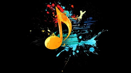 Aufkleber - Orange eighth note is exploding with colorful paint splatter on a black background