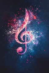 Aufkleber - Large treble clef exploding with colorful paint splatter on a blue background