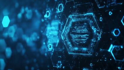futuristic digital hexagon interface, abstract code display, technology background