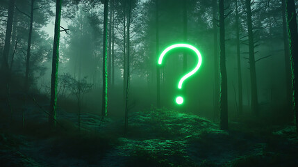 Wall Mural - Glowing Green Question Mark in a Foggy Forest at Night