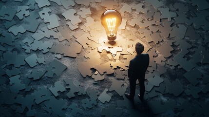 Leinwandbilder - Businessman examining illuminated light bulb amidst puzzle pieces on concrete surface