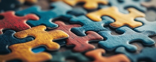 Poster - Colorful puzzle pieces coming together on a wooden surface symbolize problem solving and collaboration