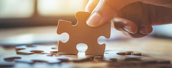 Poster - Businessperson completing a jigsaw puzzle with the last missing piece, placing it into the strategy game on a table
