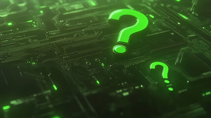 Wall Mural - Glowing Green Question Marks on a Circuit Board