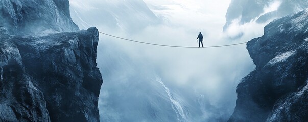 Poster - Businessman skillfully navigates a narrow rope bridge between two mountain peaks with clouds below