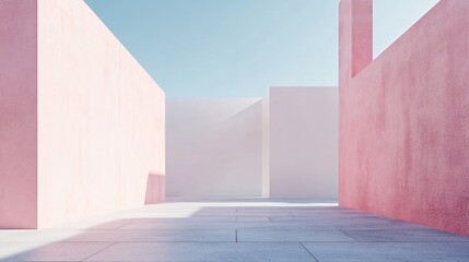 Poster - Sun is shining on modern building facade with pink walls, minimal architecture background