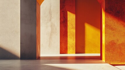 Aufkleber - Sunlight casting long shadows through arched doorways in modern empty room with orange wall