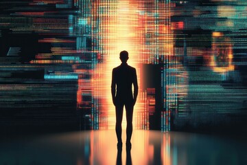 Sticker - Silhouetted figure in a suit standing before a vibrant digital backdrop, representing technology and innovation, with bright colors and an abstract pattern