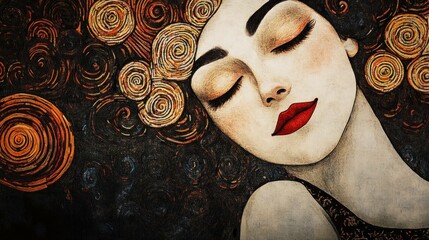 Wall Mural - Beautiful portrait of a woman with closed eyes and elegant red lips, adorned with a swirl pattern in her hair, reflecting artistic expression and tranquility