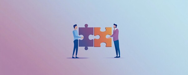 Poster - Two businessmen holding two puzzle pieces representing teamwork