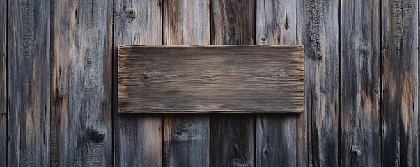 Aufkleber - Empty wooden sign hangs on a weathered wood wall, offering space for text