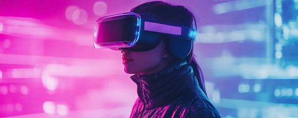 Poster - Woman is immersed in virtual reality using vr headset with digital interface in background