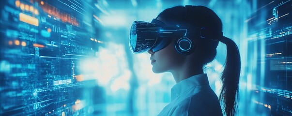 Poster - Female wearing vr headset immersed in virtual reality environment, surrounded by digital data and information