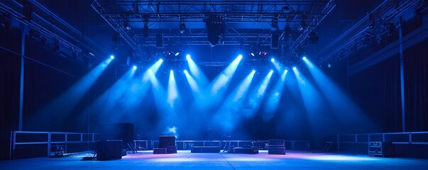 Poster - Spotlights illuminating an empty stage in a darkened hall, waiting for a live musical performance to begin