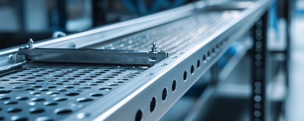 Poster - Close-up of a metal cable tray lying on a metal shelf in an industrial production line