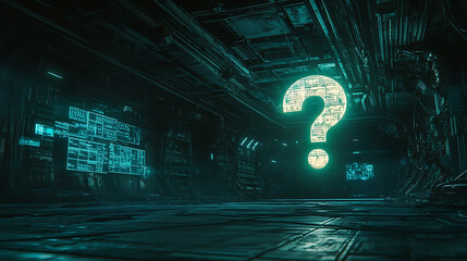 Wall Mural - Glowing Question Mark in a Dark Digital Space