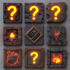 Wall Mural - Glowing Question Marks and Fire Textures on Stone and Wood Tiles