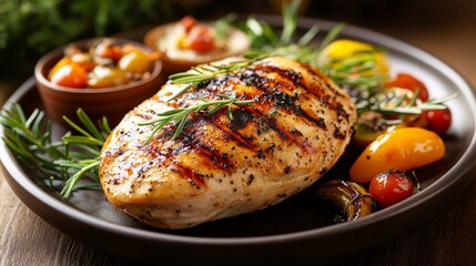 Wall Mural - A beautifully presented grilled chicken dinner on a fine dining table, with elegant plating and complementary sides, showcasing a gourmet take on the dish.