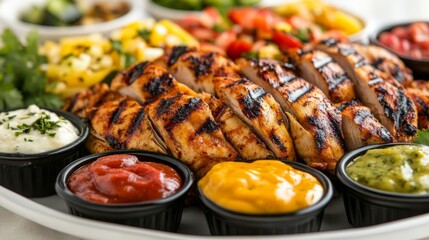 Wall Mural - A colorful platter of grilled chicken with a variety of dipping sauces and garnishes, set against a bright, appealing background for a delicious presentation.