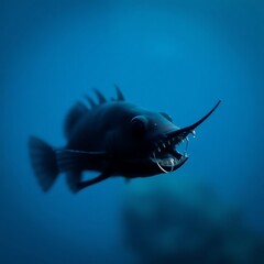 Wall Mural - Deep Sea Fish with Large Teeth and Horn Swimming in Dark Water