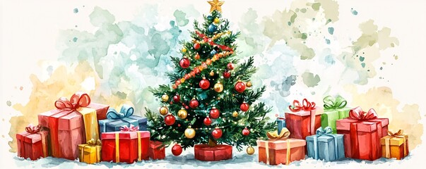 Wall Mural - Decorated christmas tree surrounded by presents watercolor painting