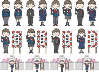 Wall Mural - 卒業式の、制服を着た男女の学生（線画）のイラストセット