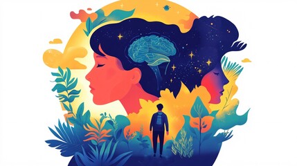 Poster - Man walking away from two women's faces showing brain power and creativity