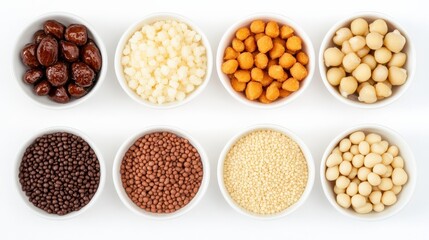 Wall Mural - Various types of grains and legumes displayed in bowls on a white surface, showcasing diversity