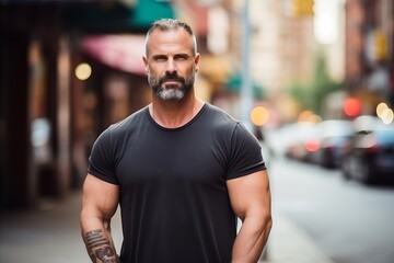 Wall Mural - Handsome middle age man in black t-shirt on city street