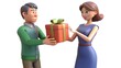 © Sniezka - 3D-rendered illustration of a smiling man presenting a red square gift box with a green ribbon bow to a woman in a blue dress. White background.