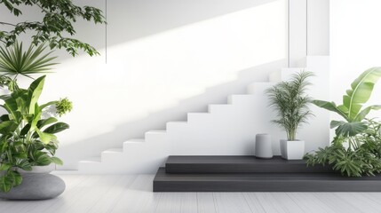 Wall Mural - Modern white staircase, indoor plants, sunlight, minimalist home design, website banner