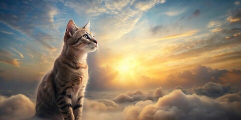 Wall Mural - A Serene Tabby Cat Gazes at a Breathtaking Sunset Above a Sea of Clouds