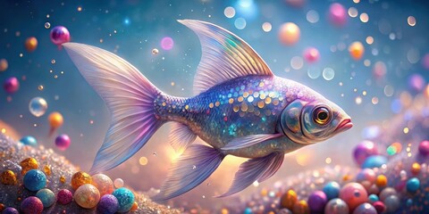 Wall Mural - a shimmering, iridescent fish gracefully swims amidst a vibrant cluster of colorful orbs, creating a