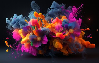 Wall Mural - Stunning illustration of vibrant flowers enveloped in neon smoke.