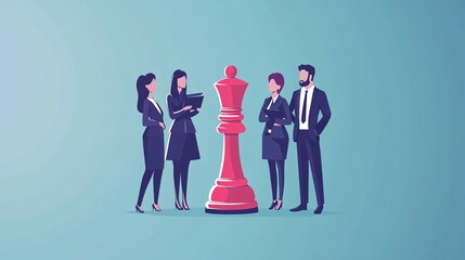 Aufkleber - Businesspeople standing around a giant red chess queen piece discussing strategy