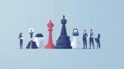 Poster - Business people planning strategy looking at giant chess pieces