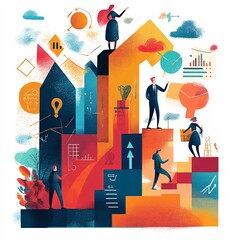 Poster - Business people climbing growth arrow stairs achievement concept