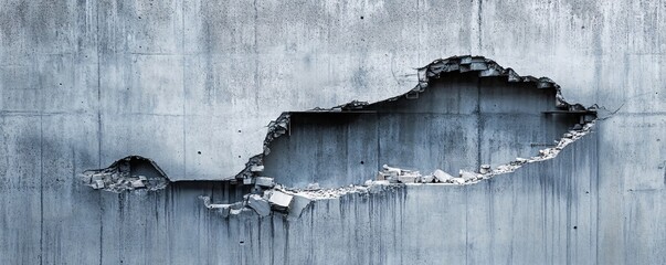 Poster - Large hole revealing concrete reinforcement in damaged wall